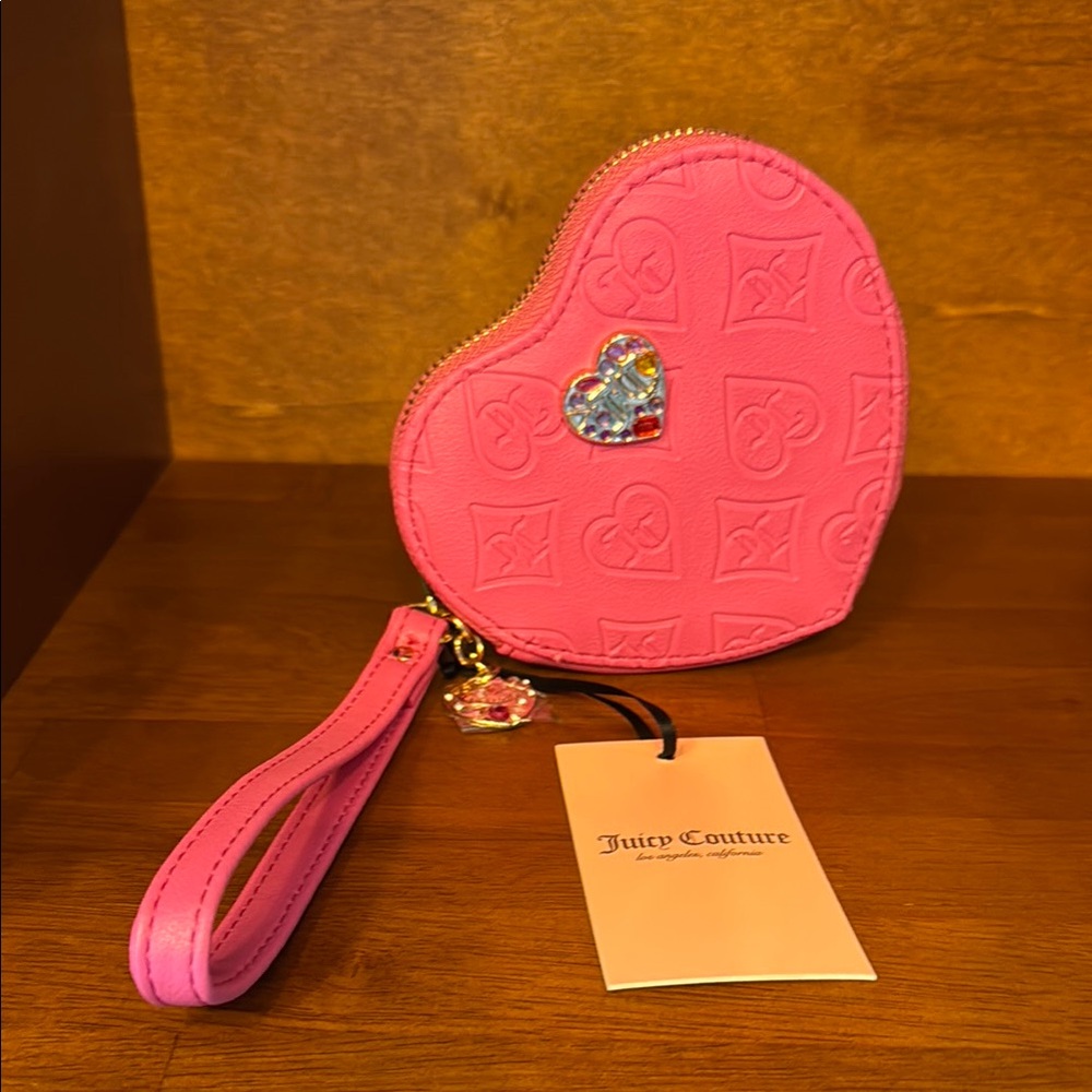 Juicy Couture Pink Embossed Heart Wristlet Wallet Clutch w Bejeweled Hearts BNWT